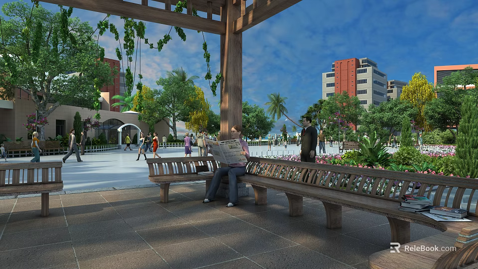 Relaxing Garden Landscape With Wooden Pergola Hanging Vines Bench Pedestrians And Green Trees In Plaza 3d model 