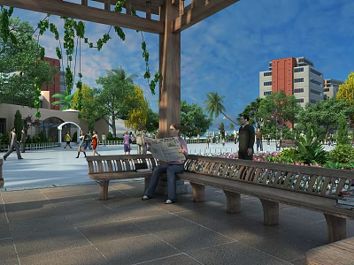 Relaxing Garden Landscape With Wooden Pergola Hanging Vines Bench Pedestrians And Green Trees In Plaza 3d model
