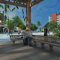 Relaxing Garden Landscape With Wooden Pergola Hanging Vines Bench Pedestrians And Green Trees In Plaza