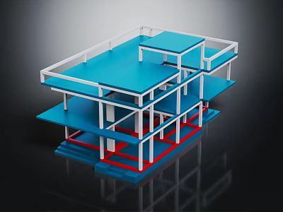 Multi Tiered Structure Model With Blue Platforms White Frames And Red Supports 3d model