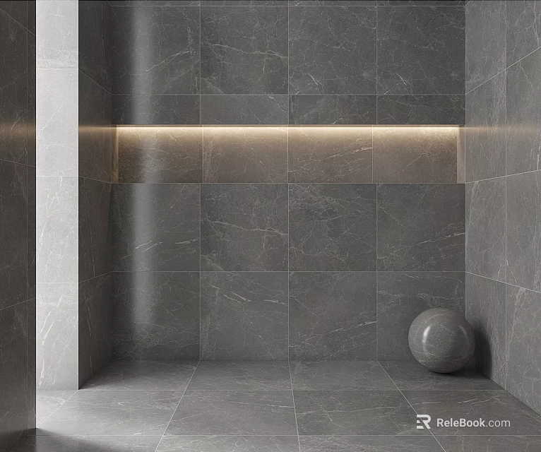 Gray Marble Wall Panel Design With LED Strip Light And Decorative Sphere 3d model 