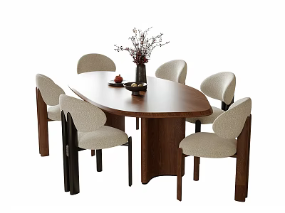Modern Wooden Dining Table Set With Oval Shape And Upholstered Chairs Decorative Vase 3d model