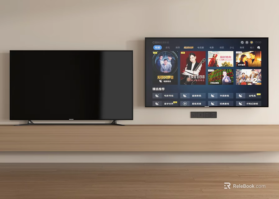 Two Modern Televisions With Black Screen And Streaming Content On Wooden Stand 3d model 