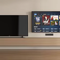 Two Modern Televisions With Black Screen And Streaming Content On Wooden Stand