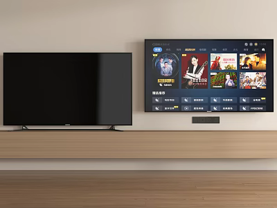 Two Modern Televisions With Black Screen And Streaming Content On Wooden Stand 3d model
