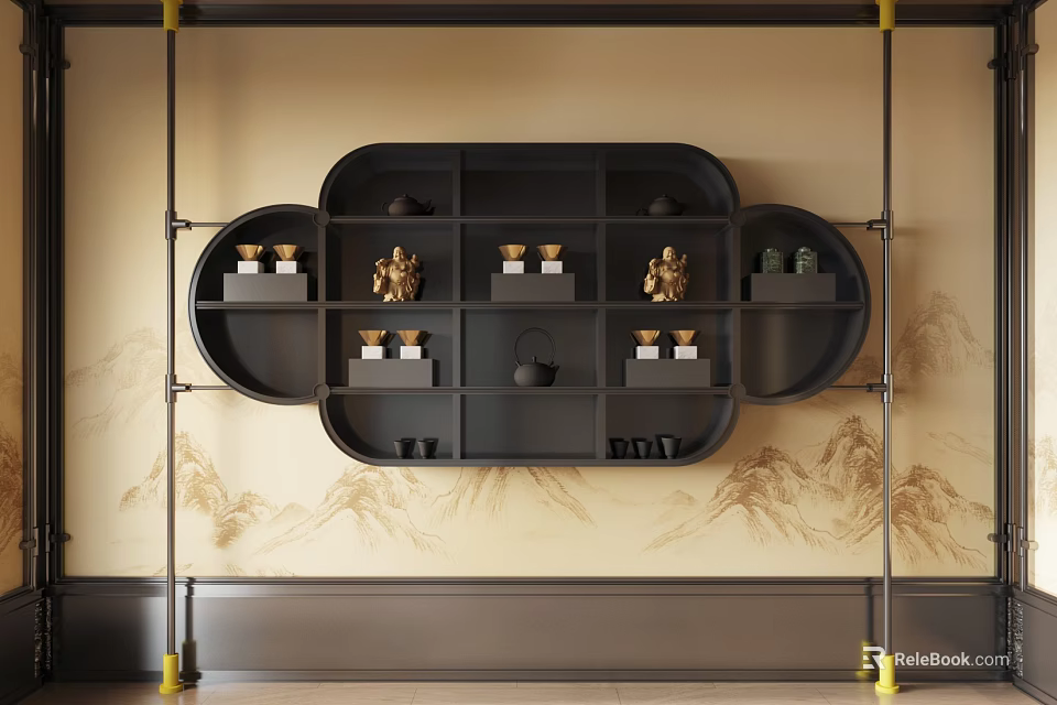 Chinese Style Black Decorative Cabinet With Cloud Shaped Shelves Displaying Tea Sets And Figurines 3d model 