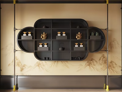 Chinese Style Black Decorative Cabinet With Cloud Shaped Shelves Displaying Tea Sets And Figurines 3d model