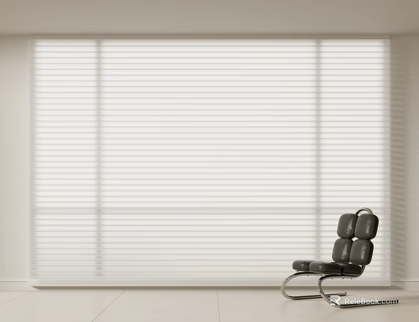 Stylish Modern Interior Featuring Floor To Ceiling White Window Blinds And Black Chair 3d model 