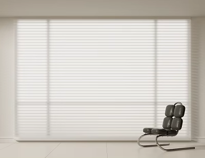 Stylish Modern Interior Featuring Floor To Ceiling White Window Blinds And Black Chair 3d model