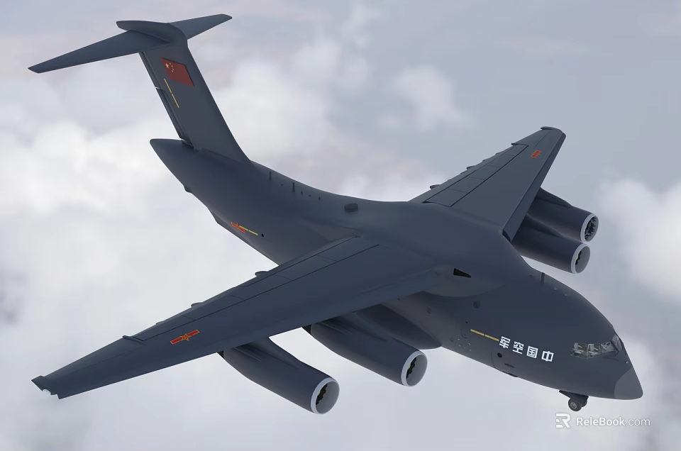 Gray Passenger Plane Flying With Four Engines And Red Tail Logo In Clouds 3d model 