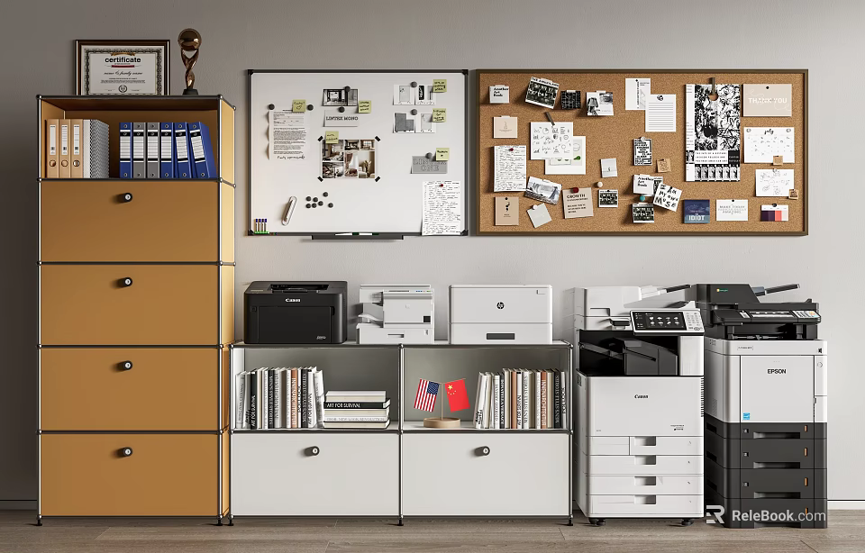 Organized Office Space With Filing Cabinets Whiteboard Corkboard And Office Appliances 3d model 