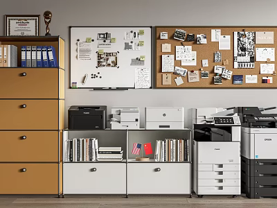 Organized Office Space With Filing Cabinets Whiteboard Corkboard And Office Appliances 3d model