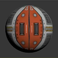 Red And Silver Mechanical Sphere With Grill Panels Circular Windows And Warning Stripes