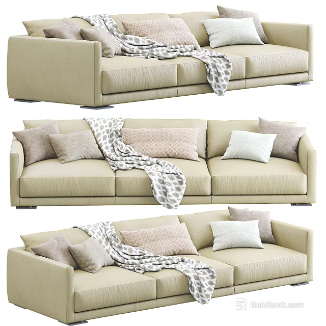 Modern Beige Three Seater Sofa With Soft Fabric Cushions And Throw Blanket 3d model