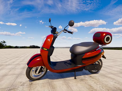 Red Scooter With Black Seat Rear Boxes On Open Paved Ground Under Blue Sky With White Clouds 3d model