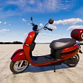 Red Scooter With Black Seat Rear Boxes On Open Paved Ground Under Blue Sky With White Clouds