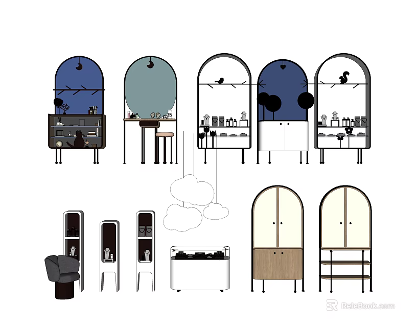 Various Shelving Units Featuring Arched Tops Different Materials And Decorative Accents 3d model