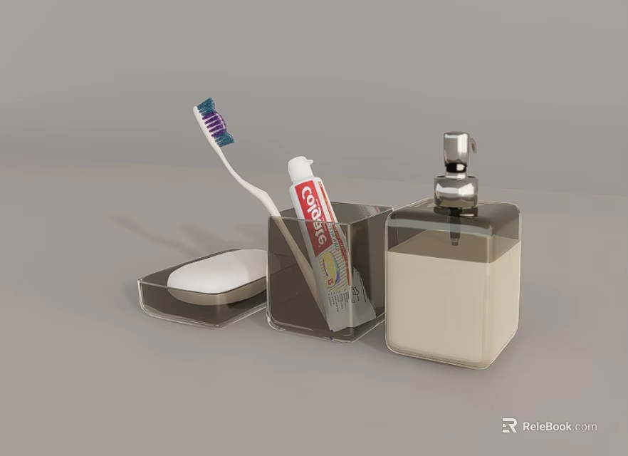 Modern Daily Washing Supplies Including Toothbrush Toothpaste Soap Dish And Dispenser 3d model 