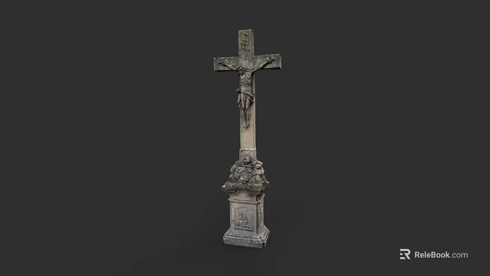 Intricate Stone Cross Sculpture Featuring Crucifix Figure And Decorative Base 3d model 