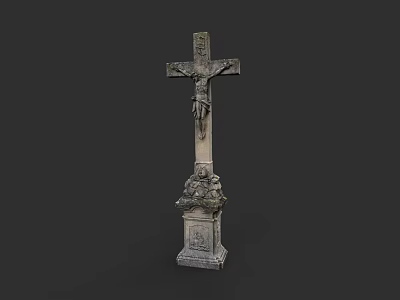 Intricate Stone Cross Sculpture Featuring Crucifix Figure And Decorative Base 3d model