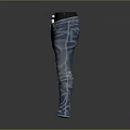 Fashionable Blue Jeans With Distressed Ripped Details Black Waistband And Visible Tags