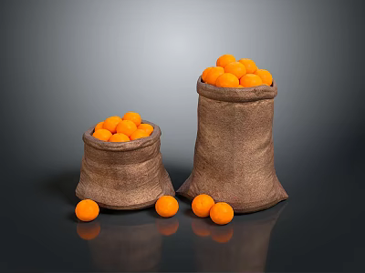 Fresh Oranges in Burlap Sacks with Scattered Fruits on Dark Background 3d model