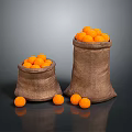 Fresh Oranges in Burlap Sacks with Scattered Fruits on Dark Background