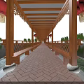 Traditional Chinese Garden Landscape With Wooden Corridor Red Lanterns Willow Trees And Waterfront Reflections