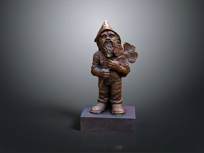 Detailed Gnome Statue Wearing Pointed Hat Holding Clover on Square Base 3d model