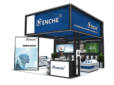 ENCHE Exhibition Booth with Blue White Design Display Screens Product Showcases and Staff Presence 3d model