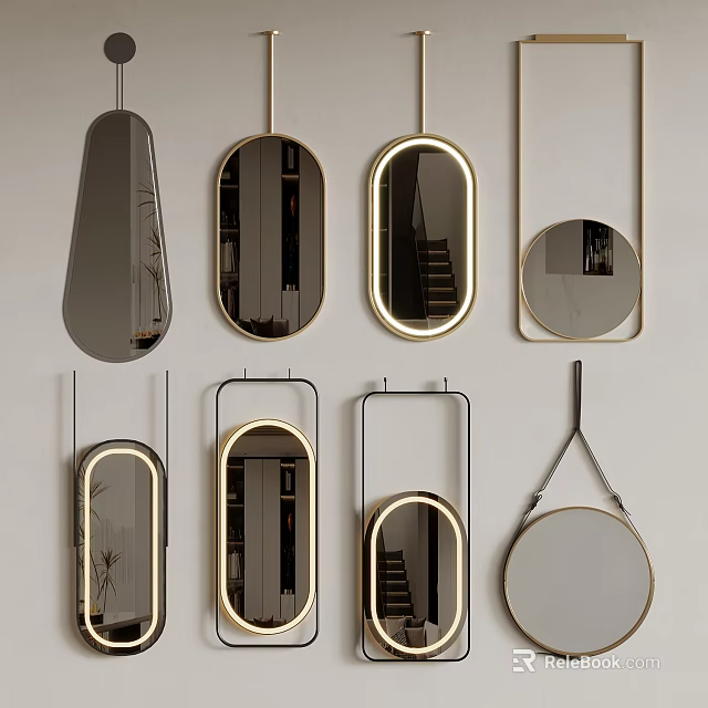 Modern Decorative Mirrors With Various Shapes And Gold Frames On Wall 3d model