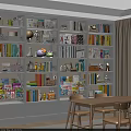 White Multi Tiered Bookcase With Colorful Books Decorations Storage Boxes And Wooden Table Chairs