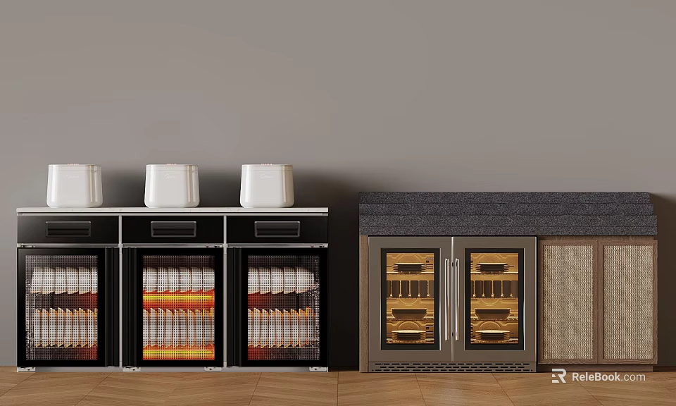 Kitchen Storage Units With White Lidded Containers Glass Doors And Dark Countertop 3d model 