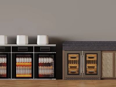 Kitchen Storage Units With White Lidded Containers Glass Doors And Dark Countertop 3d model