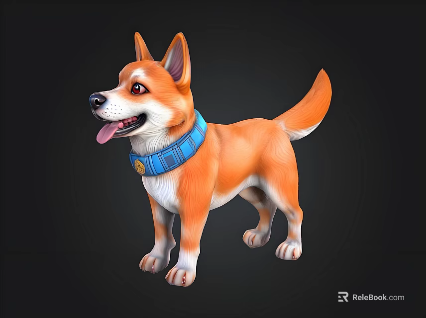 Cute Cartoon Dog With Orange White Fur And Blue Collar Standing Against Black Background 3d model 