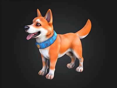 Cute Cartoon Dog With Orange White Fur And Blue Collar Standing Against Black Background 3d model
