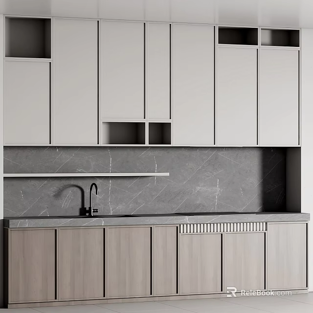 Modern Light Gray Kitchen Cabinets With Marble Countertop And Open Shelves 3d model 