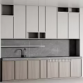 Modern Light Gray Kitchen Cabinets With Marble Countertop And Open Shelves