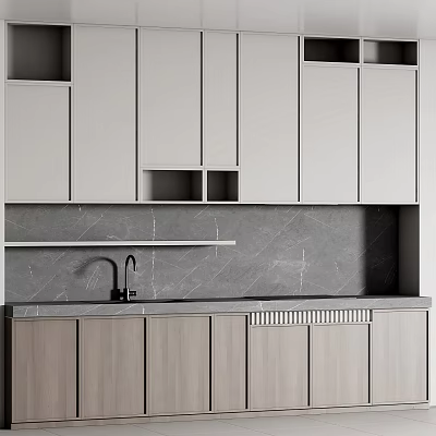 Modern Light Gray Kitchen Cabinets With Marble Countertop And Open Shelves 3d model