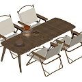 Modern Outdoor Table And Chair Set With Wooden Tabletop Metal Frame And White Cushioned Chairs