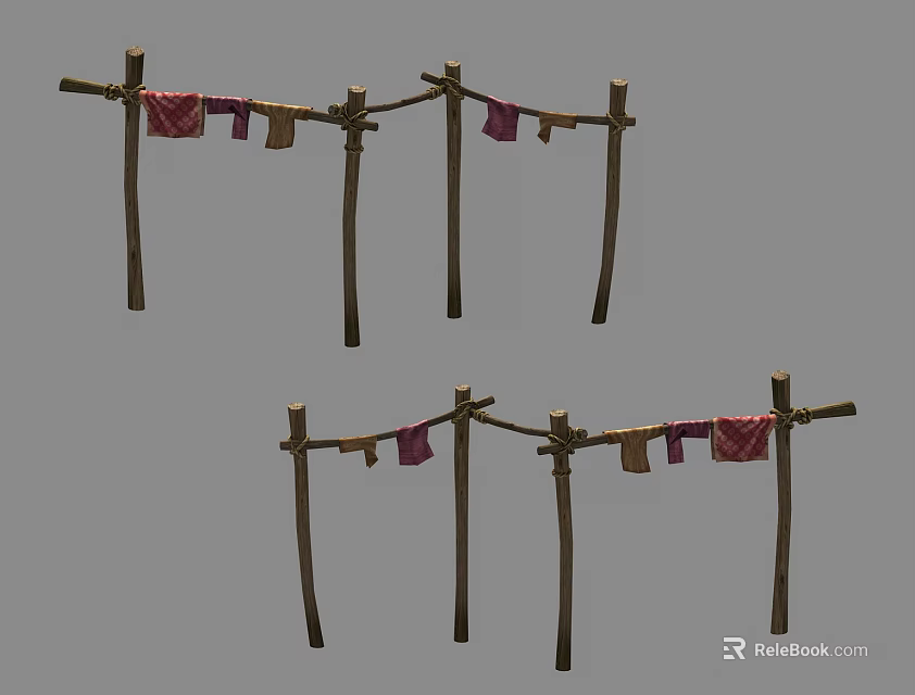 Two Simple Wooden Clothes Racks Built with Sticks Hanging Red Cloth and Other Clothes 3d model 