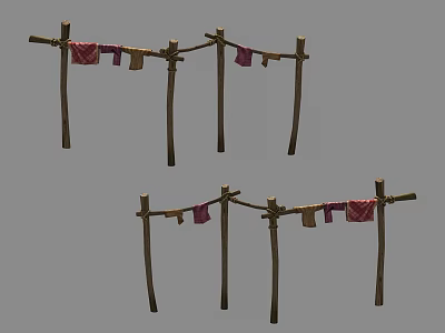 Two Simple Wooden Clothes Racks Built with Sticks Hanging Red Cloth and Other Clothes 3d model