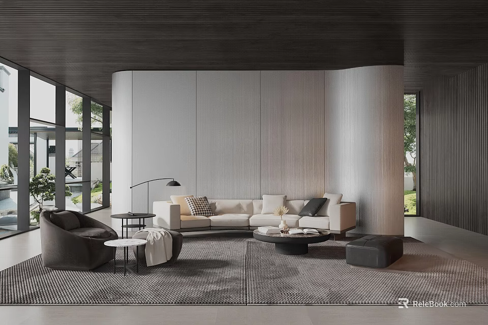 Modern Living Room With Neutral Sofa Armchair Coffee Table And Large Windows 3d model 