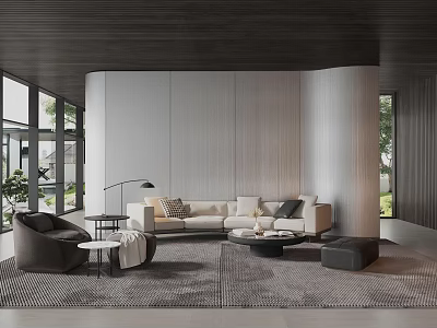 Modern Living Room With Neutral Sofa Armchair Coffee Table And Large Windows 3d model