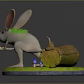 White Mouse With Large Ears Green Fur Standing On Green Base And Log
