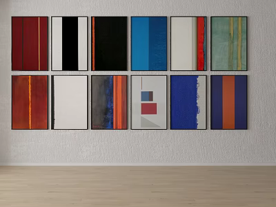 Multiple Colorful Abstract Paintings With Geometric Shapes And Diverse Hues On Wall 3d model