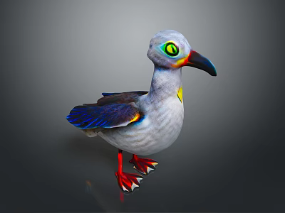 Vibrant Flying Bird With Large Green Eyes Blue Purple Feathers And Red Webbed Feet 3d model