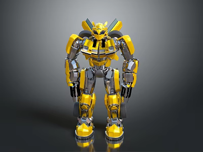 Yellow And Silver Mechanical Robot With Metallic Body Standing Pose And Detailed Design 3d model