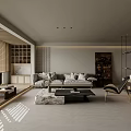 Open Layout Modern Living and Dining Room Interior With Beige Sofa TV Wooden Furniture Blinds