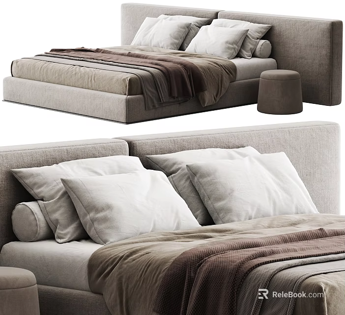 Stylish Modern Double Bed With Linen Bedding Plush Pillows And Cozy Blanket 3d model 
